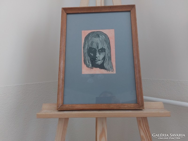 (K) Tusrajz, grafika szürreális női portré 34x46 cm kerettel