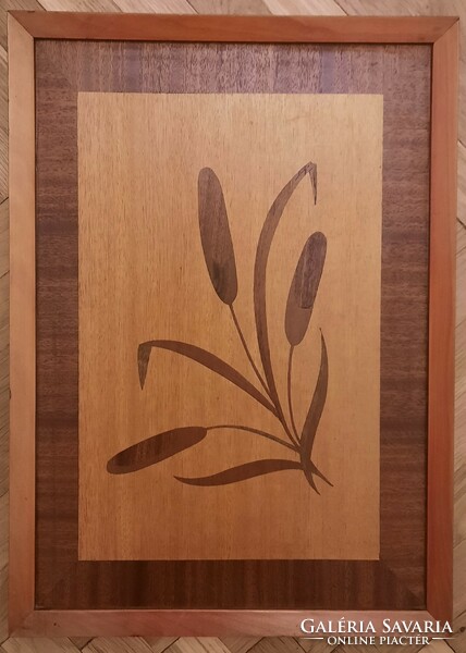 Wood marquetry mural, reed mace.
