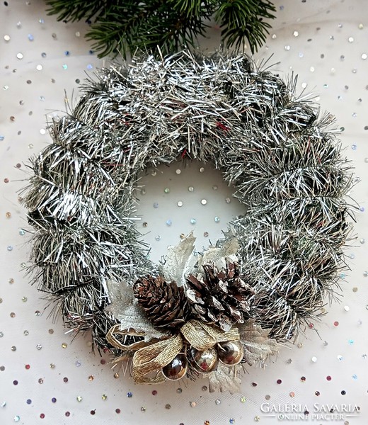Old silver wire garland and tapestry decorated wreath door decoration 21cm Christmas decoration