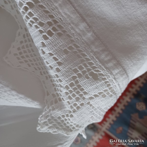 Antique handmade linen tablecloth, tablecloth with lace insert and lace border. Large size.