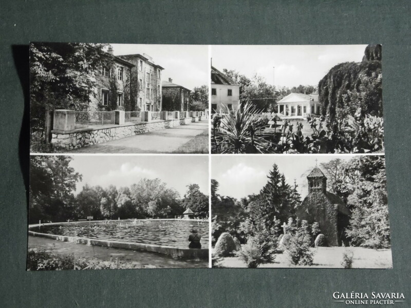 Postcard, Harkány spa, mosaic details, park, chapel, beach, resort