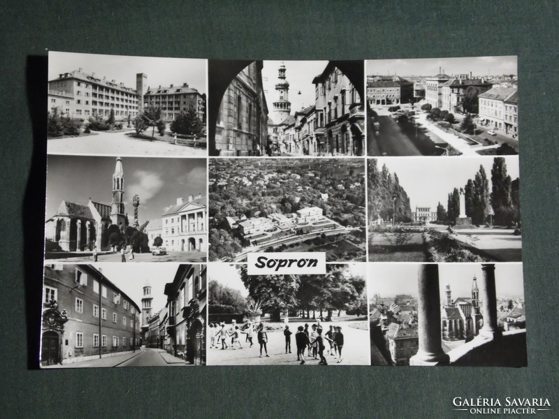 Postcard, Sopron, mosaic details, fire tower, sanatorium, Holy Trinity statue, church, monument