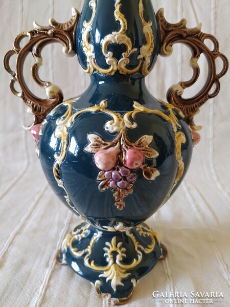 Antique baroque style majolica vase with two handles, plastic decor, large size, 38 cm