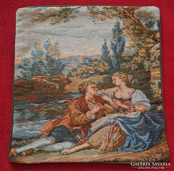 Decorative cushion cover with tapestry pattern, machine woven, French scene