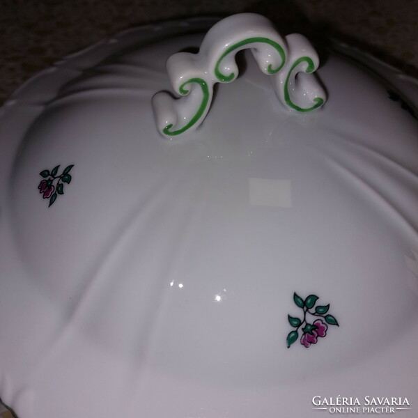 Zsolnay porcelain soup bowl with green luster edge, purple flowers