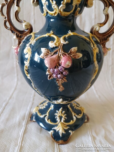 Antique baroque style majolica vase with two handles, plastic decor, large size, 38 cm