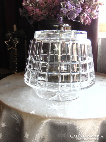 Beautiful heavy glass bowl with lid and silver plated handle