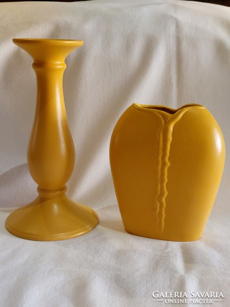 Mustard yellow candle holder and vase together