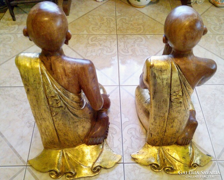 Shaolin monks statue in pair of fire-gilded robes from India, solid hardwood 65cm.