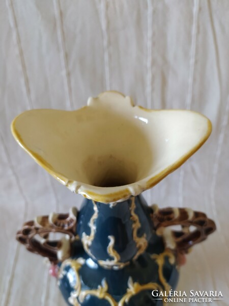 Antique baroque style majolica vase with two handles, plastic decor, large size, 38 cm