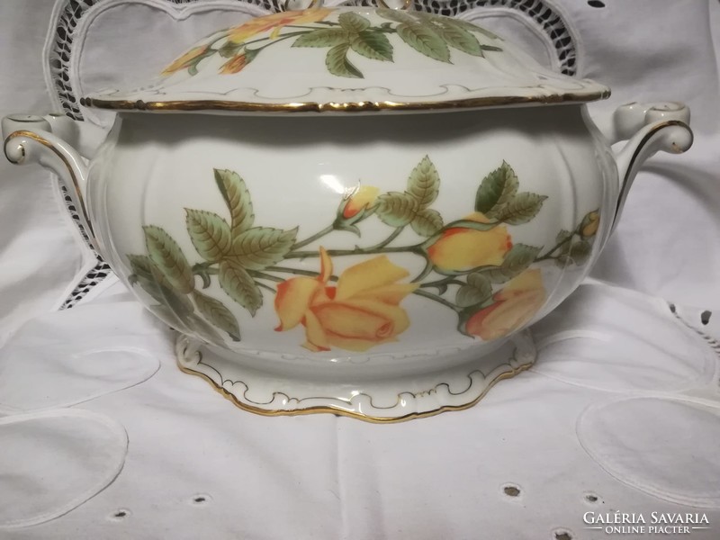 Zsolnay porcelain soup bowl with yellow rose decoration
