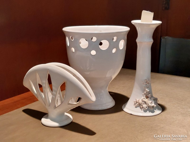 White ceramic set: bowl, candle holder, napkin holder