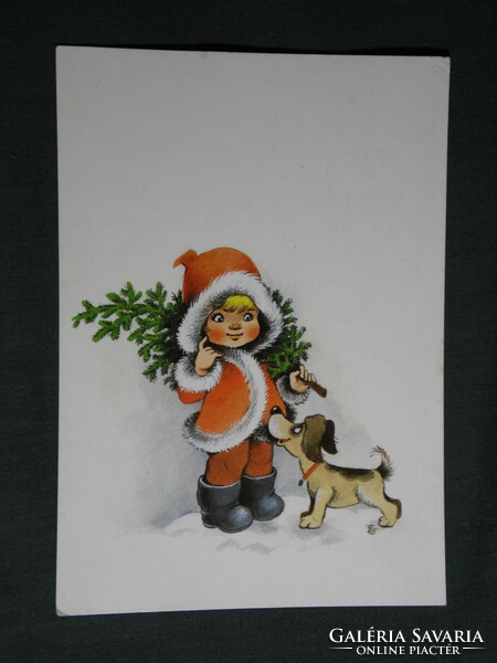 Postcard, Zsuzsa Füzesi graphics, drawing, little girl, children's model, festive, Christmas