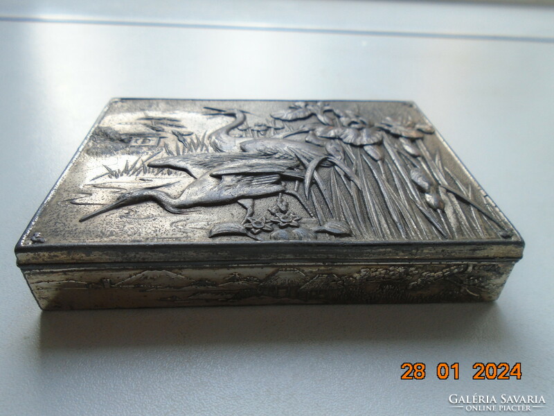 Japanese box with embossed crane and iris pattern on the lid, miniature embossed panoramic landscape on the sides