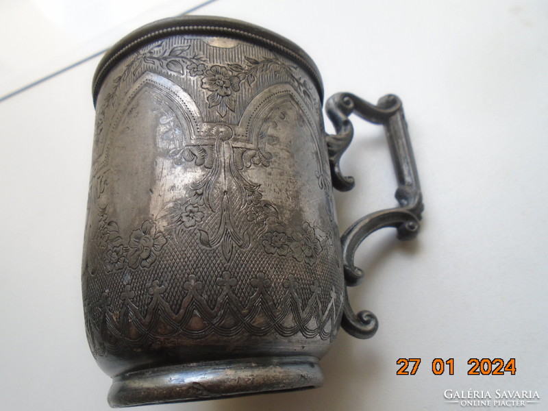 19.sz vége Reed&Barton viktoriánus ezüstözött ón keresztelő pohár díszes fogóval ,gazdag mintákkal