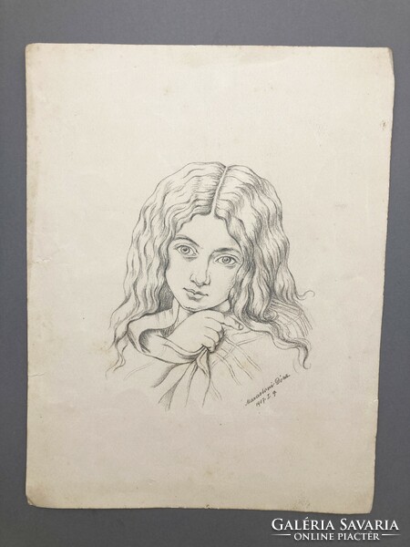 Marastoni jelzéssel, lány portré, ceruzarajz, védjegy-vízjeles papíron, 1907
