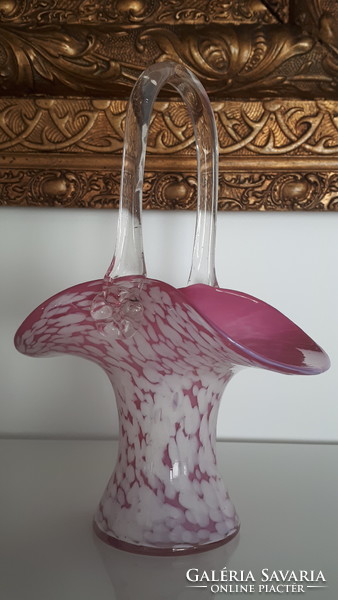 Gyönyörű hibátlan muranoi rózsaszín fújt üveg kosár 19 cm