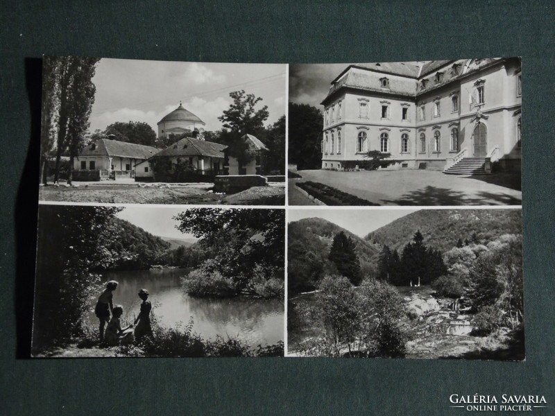 Postcard, Szilvásvárad, mosaic details, castle, restaurant, lake, Sot resort, view, forest