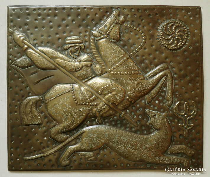 Vintage réz fém kézzel kalapált orosz fali domborkép falikép plakett tábla fali kép ló lovas vadász