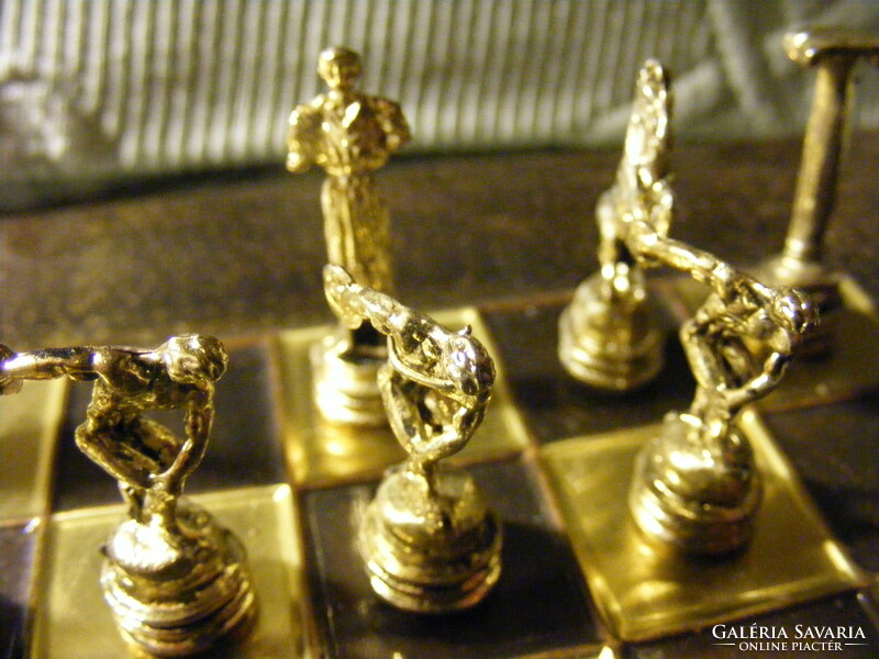 Retro manopoulos copper plate covered chess board with ancient Greek metal figures - 3 missing
