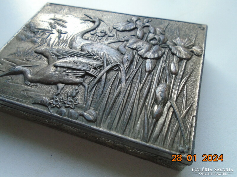 Japanese box with embossed crane and iris pattern on the lid, miniature embossed panoramic landscape on the sides