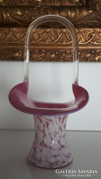 Gyönyörű hibátlan muranoi rózsaszín fújt üveg kosár 19 cm