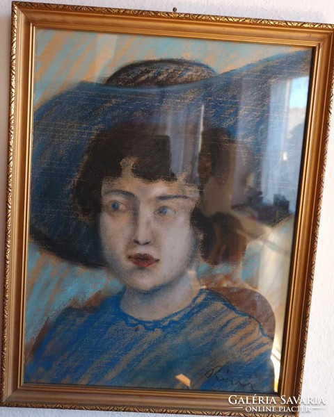 Antique pastel painting - marked - female portrait