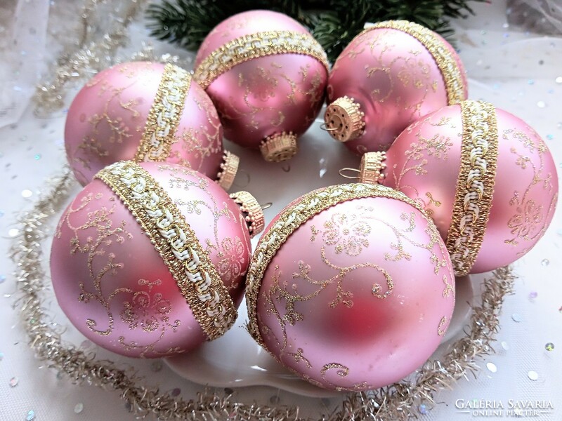 Régi üveg rózsaszín nagy gömb karácsonyfa díszek 6db 7cm