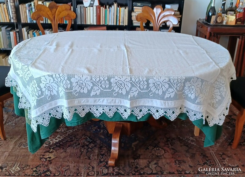 Antique handmade linen tablecloth with wide lace inserts and border