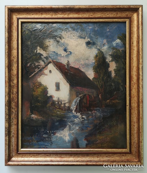 Old mill. Marked, old oil painting, approx. 1920-30.