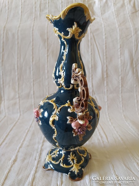 Antique baroque style majolica vase with two handles, plastic decor, large size, 38 cm