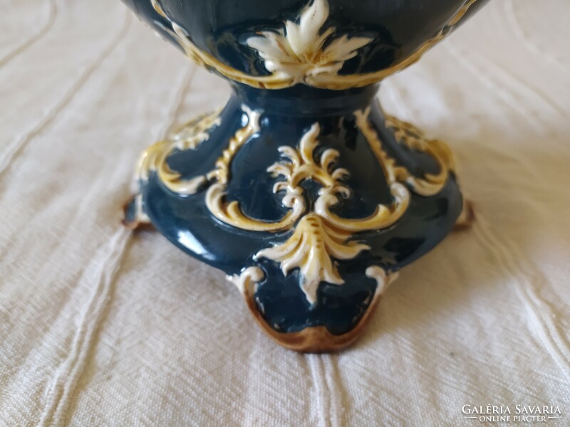 Antique baroque style majolica vase with two handles, plastic decor, large size, 38 cm