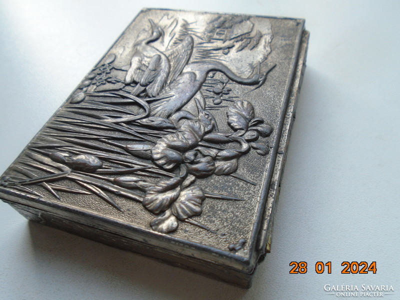 Japanese box with embossed crane and iris pattern on the lid, miniature embossed panoramic landscape on the sides