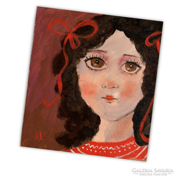 Red ribbon - original acrylic painting on wood (contemporary painter/graphic artist Ágnes Laczó) portrait