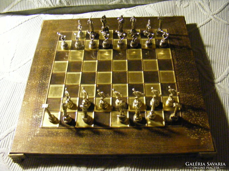 Retro manopoulos copper plate covered chess board with ancient Greek metal figures - 3 missing