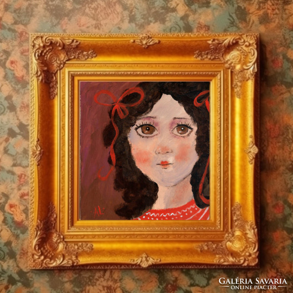 Red ribbon - original acrylic painting on wood (contemporary painter/graphic artist Ágnes Laczó) portrait