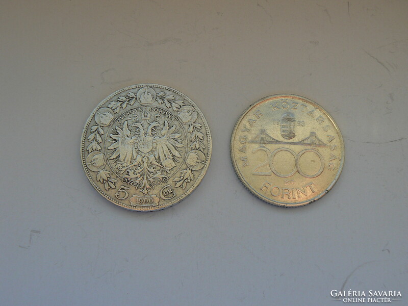 2 silver coins in one, k.U.K. Austria 5 kroner 1900, 200 ft 1993, original!