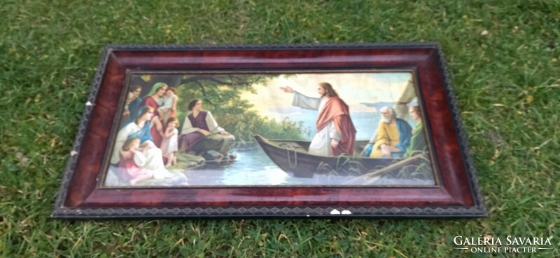 Ritka Jézus kép  antik Szent kép nagy méretű keretben. Picit sérült