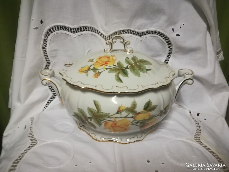 Zsolnay porcelain soup bowl with yellow rose decoration