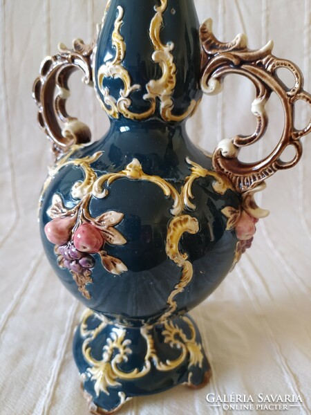 Antique baroque style majolica vase with two handles, plastic decor, large size, 38 cm