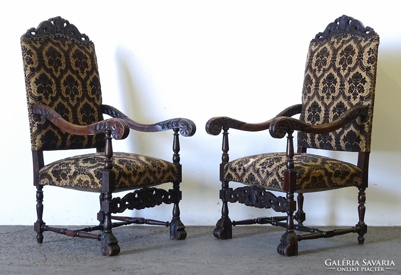 1Q157 pair of antique carved upholstered throne chairs