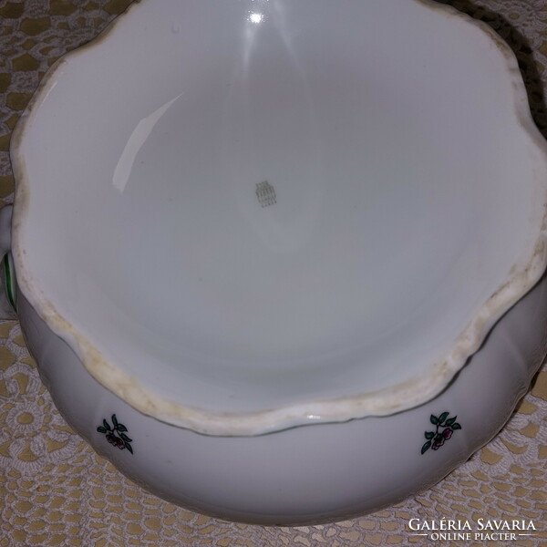 Zsolnay porcelain soup bowl with green luster edge, purple flowers