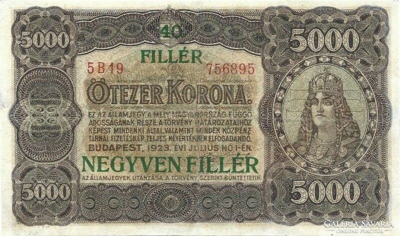 5000 korona / 40 fillér 1923 Nyomdahely nélkül Restaurált 2.