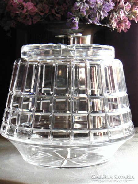 Beautiful heavy glass bowl with lid and silver plated handle