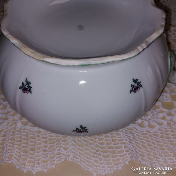 Zsolnay porcelain soup bowl with green luster edge, purple flowers