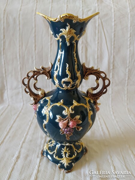Antique baroque style majolica vase with two handles, plastic decor, large size, 38 cm