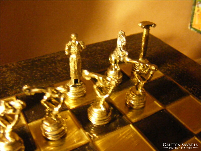 Retro manopoulos copper plate covered chess board with ancient Greek metal figures - 3 missing