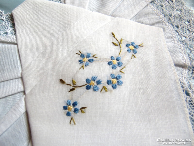 Lace-edged and forget-me-not embroidered textile handkerchief