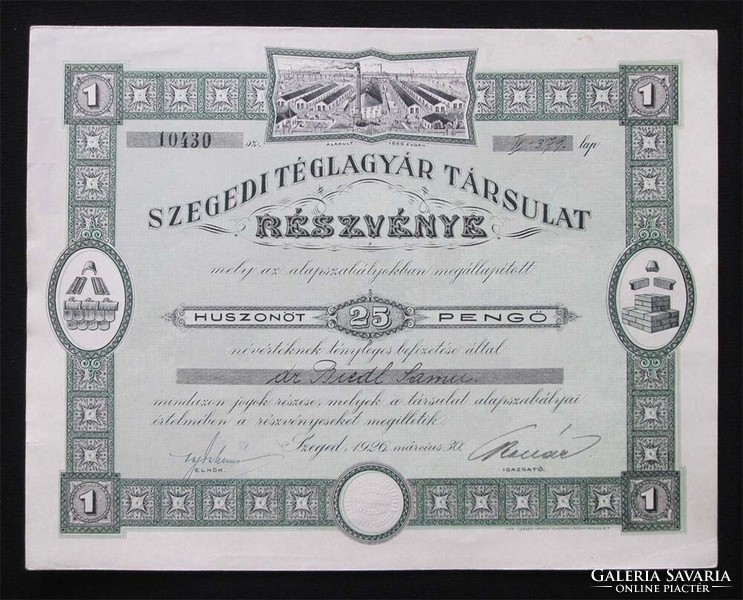 Szegedi Téglagyár Társulat részvény 25 pengő 1926 - Szeged