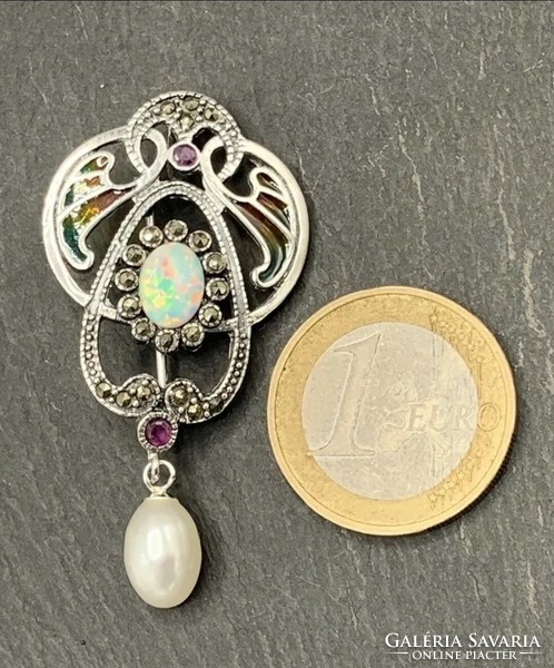 Különleges jugendstil ezüst medál nemes opállal, rubinnal, tűzzománccal és markazittal /925/ --új